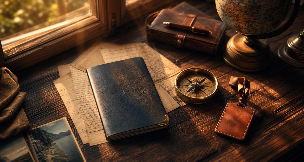 Traveler identity desk with passport, compass, and globe